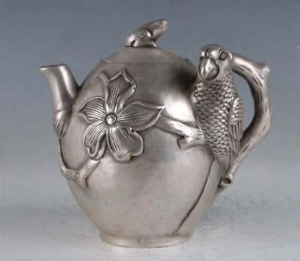 Chinese Copper Silver Hand Carved Bird Flower frog Teapot wine pot Antiques | Дом и сад