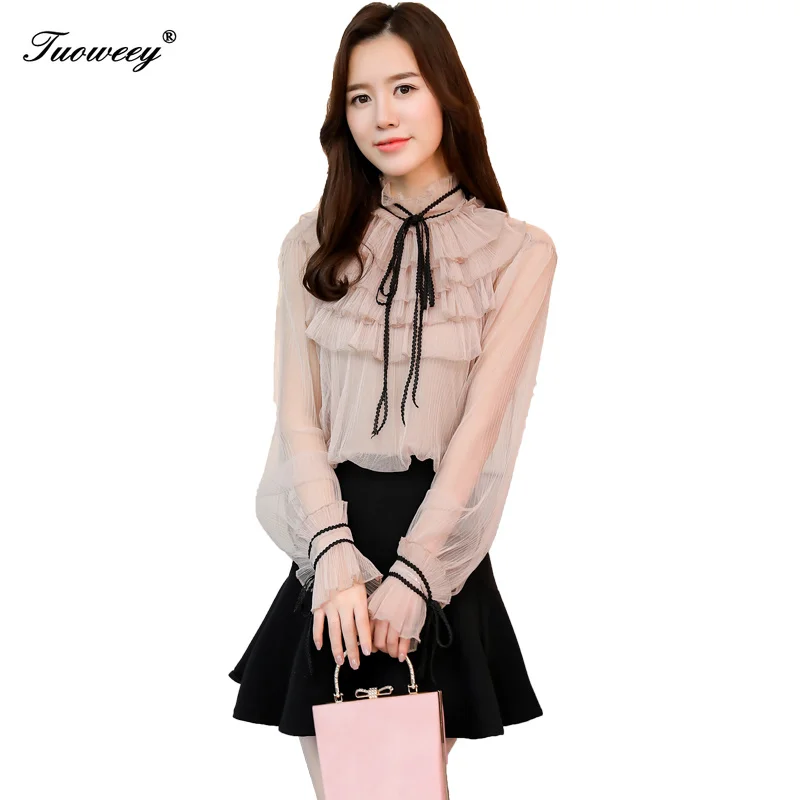 

2019 long sleeve solid white pink top femlae blusa sweet solidl ruffle bow chiffon blouse shirt fashion woman blouses