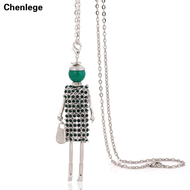 Ожерелье с подвеской в виде куклы зелеными кристаллами | Украшения и аксессуары