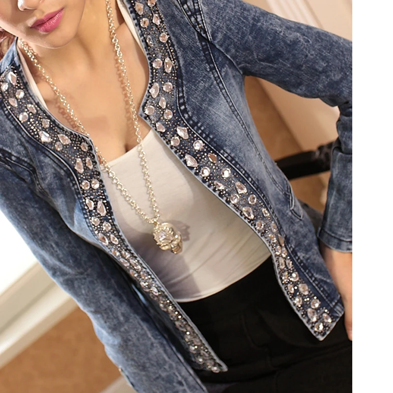 FMFSSOM New Arrival Spring Antumn Denim Jackets Vintage Diamonds Casual Coat Women's Denim Jacket For Outerwear Jeans