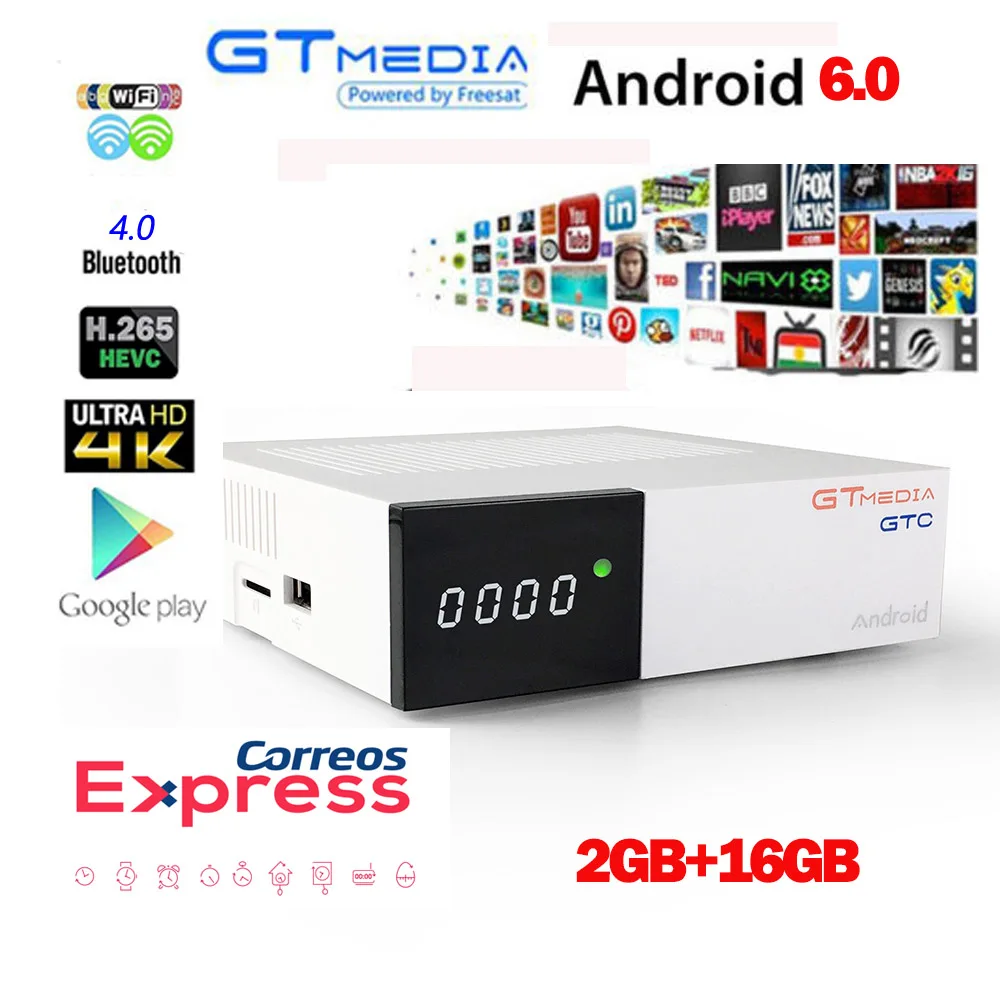 Gtmedia freesat GTC Android 6,0 tv BOX DVB-S2/T2/Cable/ISDBT 2 Гб ОЗУ 16 Гб ПЗУ ip tv обслуживание ЕС IP tv Франция+ 1 год Бесплатный CCcam подарок