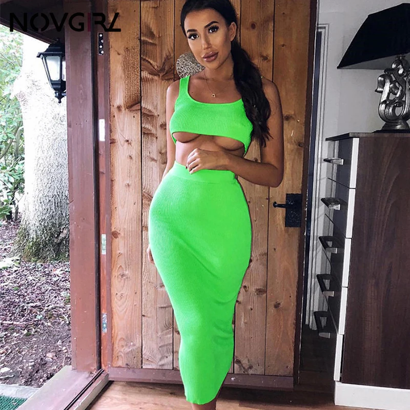 

Novgril Rib Knit Two Piece Set Dress Women 2019 Summer Neon Vest Crop Top and Long Skirt 2 Piece Suit Sexy Club Party Midi Dress