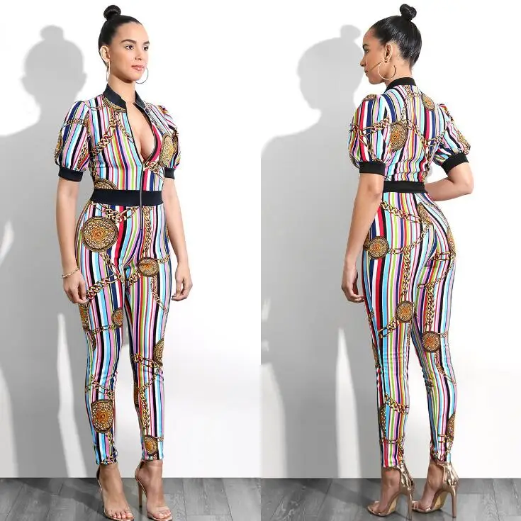 Autumn rompers womens jumpsuit Elegant One Piece Sexy golden chain print color striped Short-sleeved threshold zipper | Женская одежда