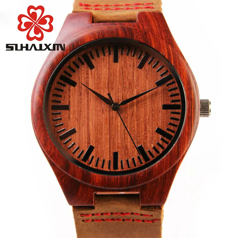 Деревянные часы дешевые мужские деревянные красный ремешок из натуральной
