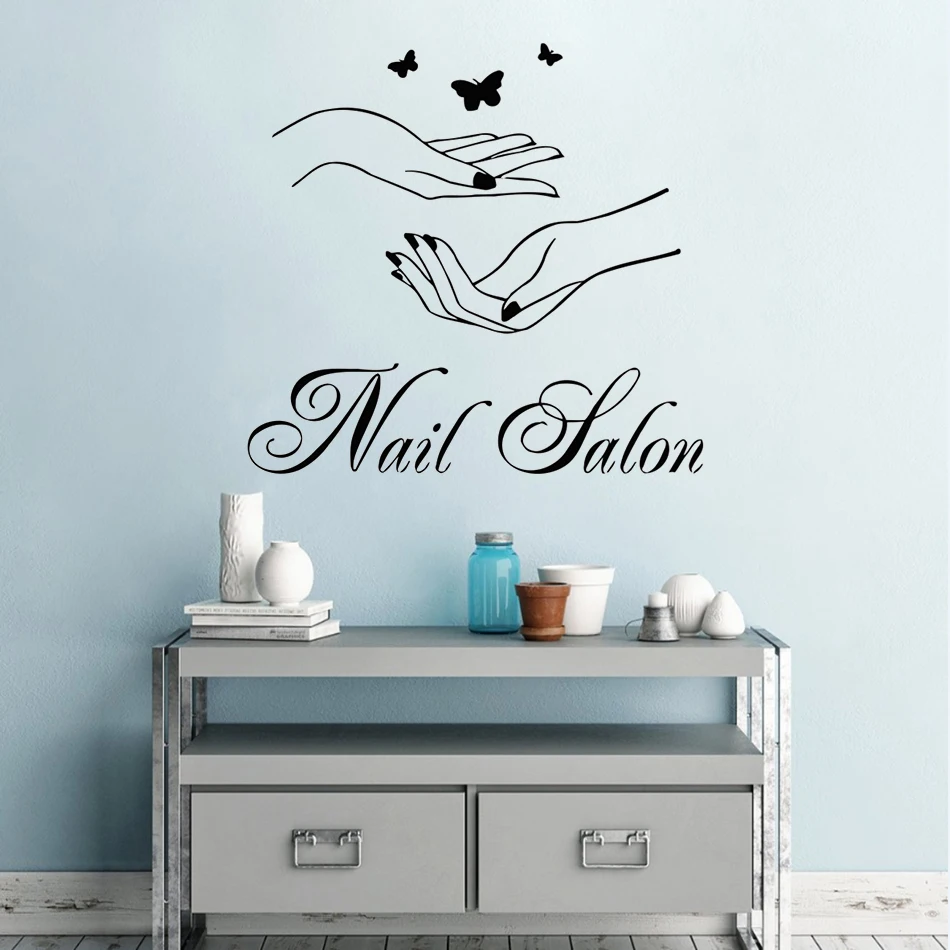 

Nail Salon Wall Window Wall Sticker Woman Hands With Butterfly Wall Decal Nail Shop Wall Decor Manicure Logo Design Mural AY1385