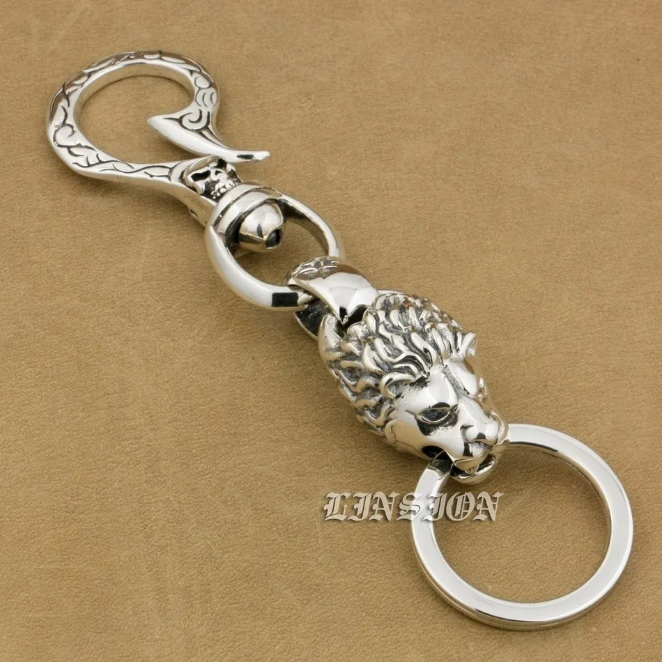 

Huge Heavy 925 Sterling Silver Skull Hook Lion Mens Biker Rocker Punk Keychain Belt Clip 9T020