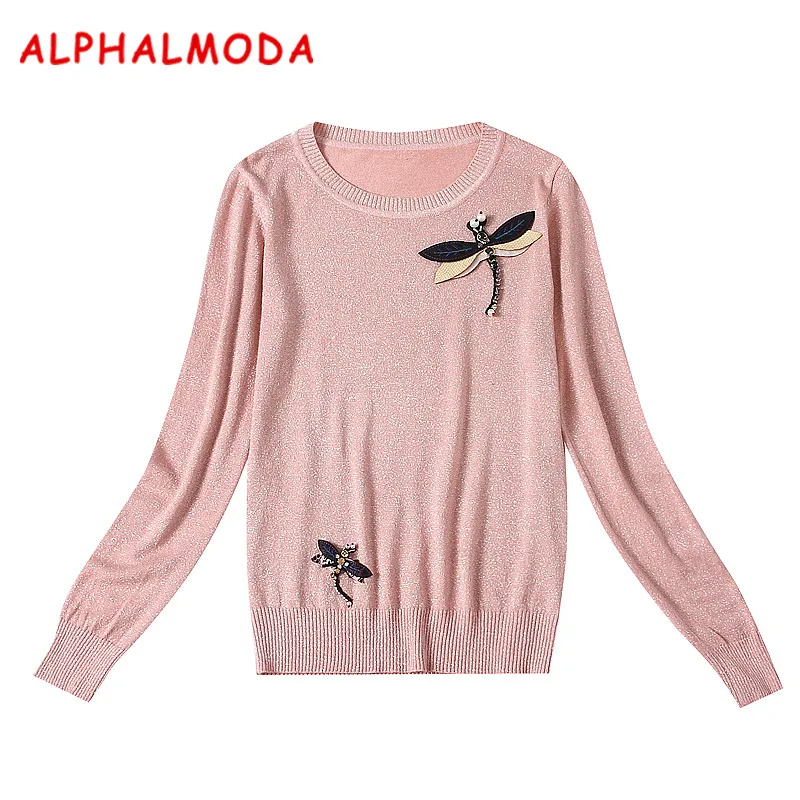 Женский пуловер с кристаллами ALPHALMODA свитер круглым вырезом и длинными рукавами