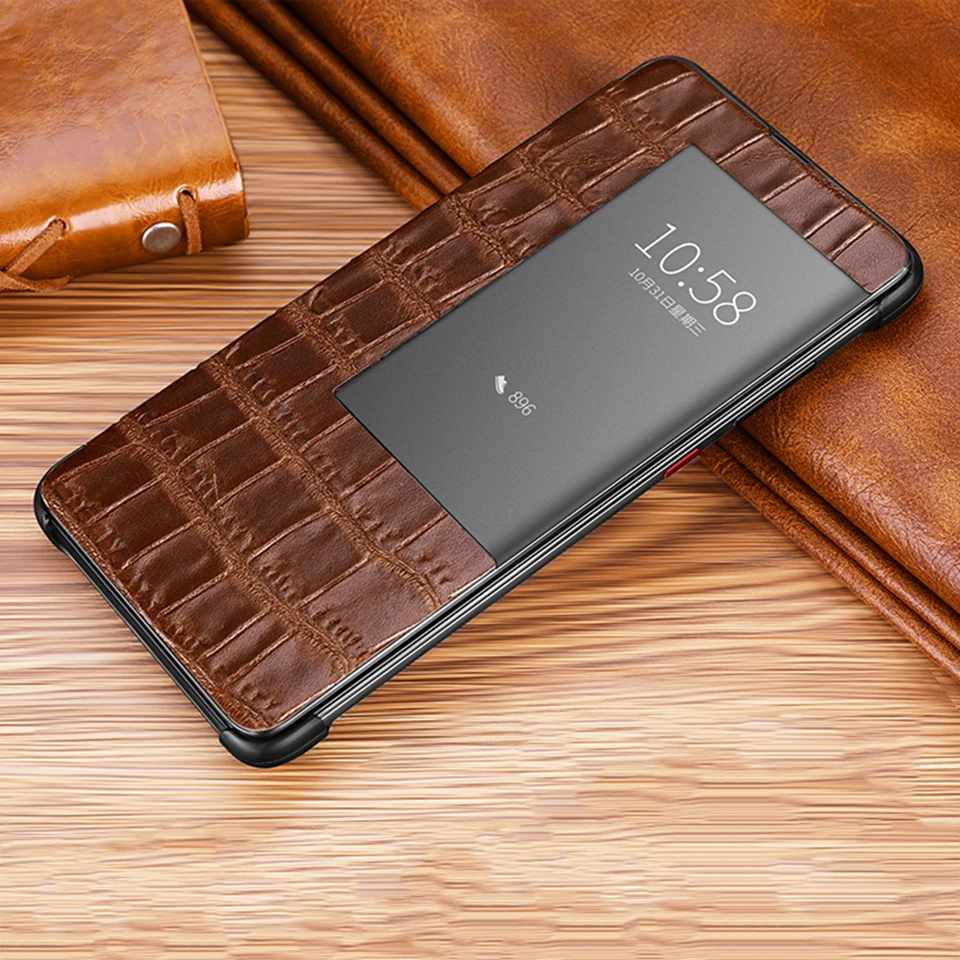 Brown Умный флип-чехол из натуральной кожи P30pro для huawei mate 20 10 P20 Pro P30 Etui с окном для сенсорного экрана роскошный чехол с крокодиловым узором - Цвет: Brown