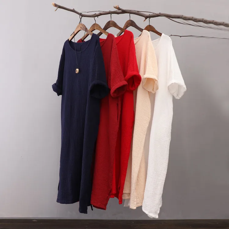 

- New Spring Summer Women Full Dress Cotton Linen Mid Sleeve O-neck Solid Color Women Shirt White/Black