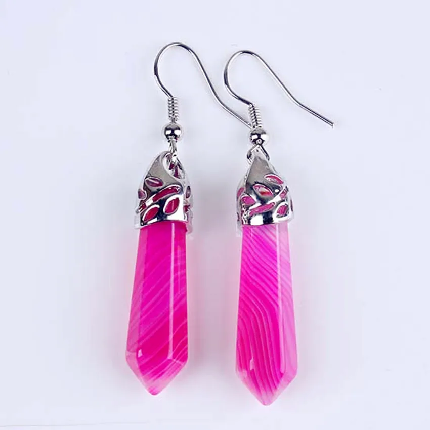 

Trendy-beads Simple Style Silver Plated Hexagon Prism Stripe Rose Red Agates Drop Earrings For Party Jewelry