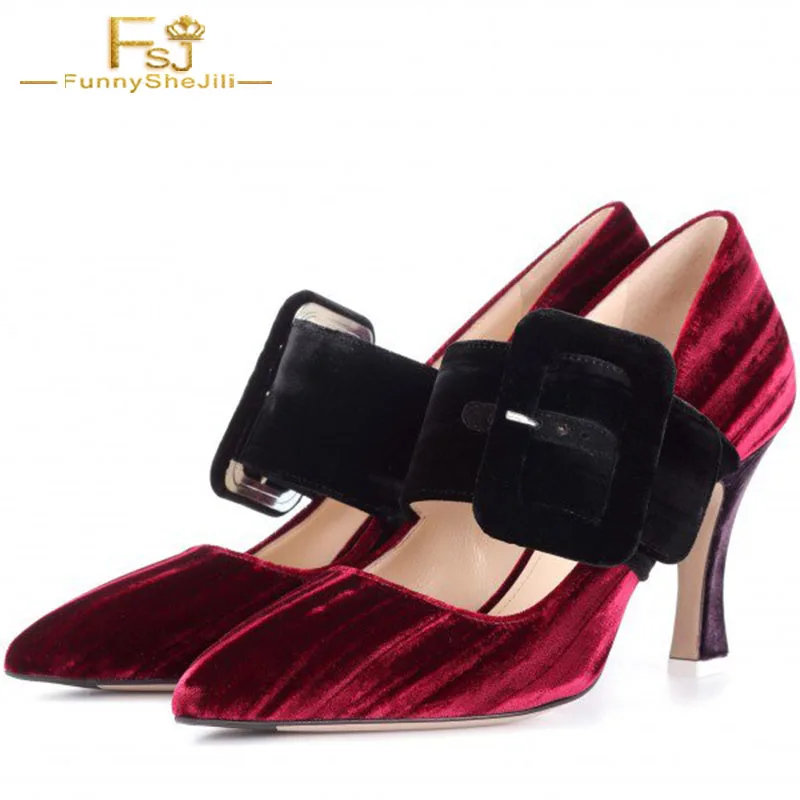 

FSJ Women Shoes Ladies Pumps 2021 Spring Autumn Burgundy Velvet Mary Jane Heels Buckle Pointy Toe Spool Heel Plus Size 44 45 46