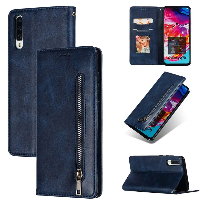 Blue Красивый чехол из искусственной кожи для samsung Galaxy A70 A 20 30 40 50 70 на молнии+ ремешок+ кожа+ мягкая ТПУ подставка на магните Чехол-книжка - Цвет: Blue