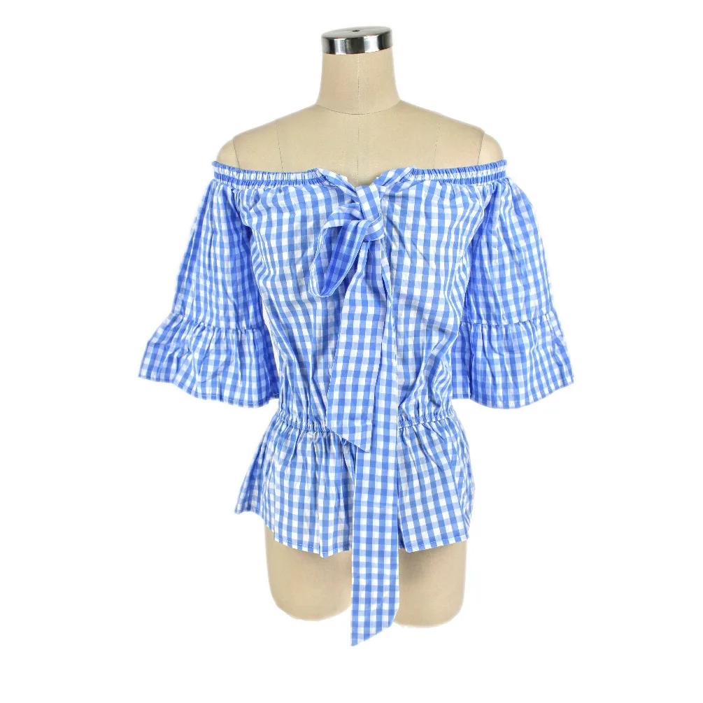 BEAUMOOI Kimono Plaid Top Female Blouse Women's Shirt flare Sleeve Lace Up Sexy Tunic Tops Casual Clothes Korean Fashion FT1005 |
