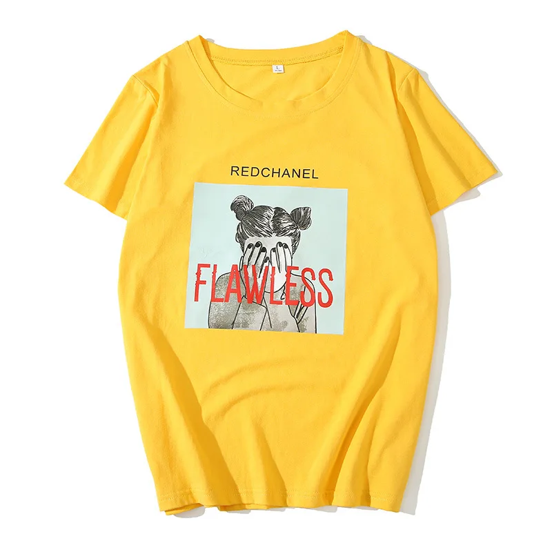 Ulzzang рубашки 100% хлопковая футболка с надписью Flawless женские летние топы 2019 Harajuku