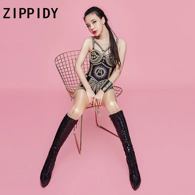 Fashion Shining Bodysuit Girdle 2-piece Set Women's Sexy Costumes Rhinestones Tassel Stage Dance Singer Sparkly Outfit