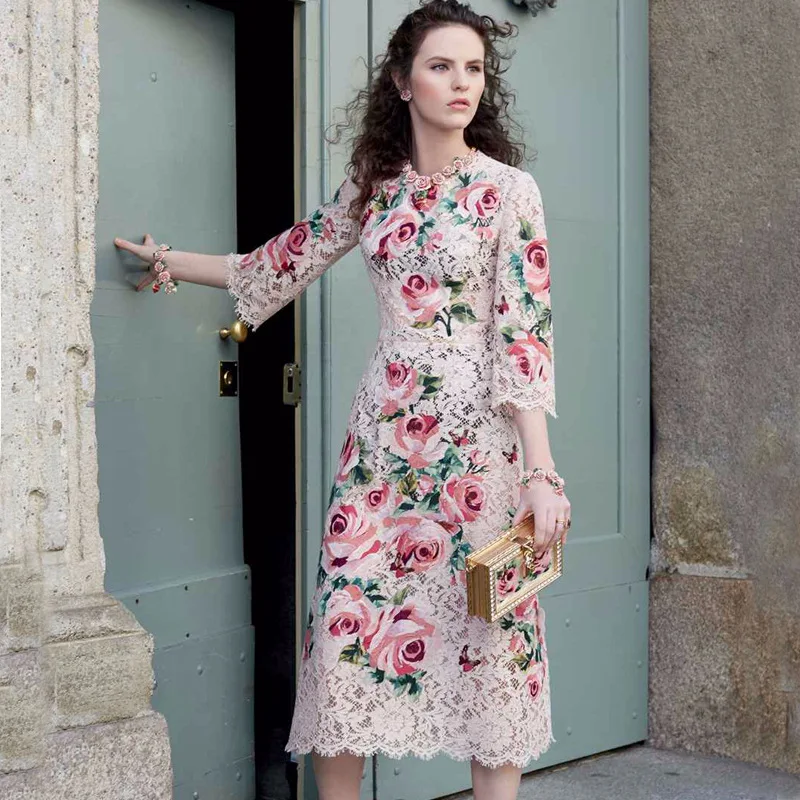 2019 spring and summer European station lace printed applique rose print Slim American big embroidered midi dress | Женская одежда