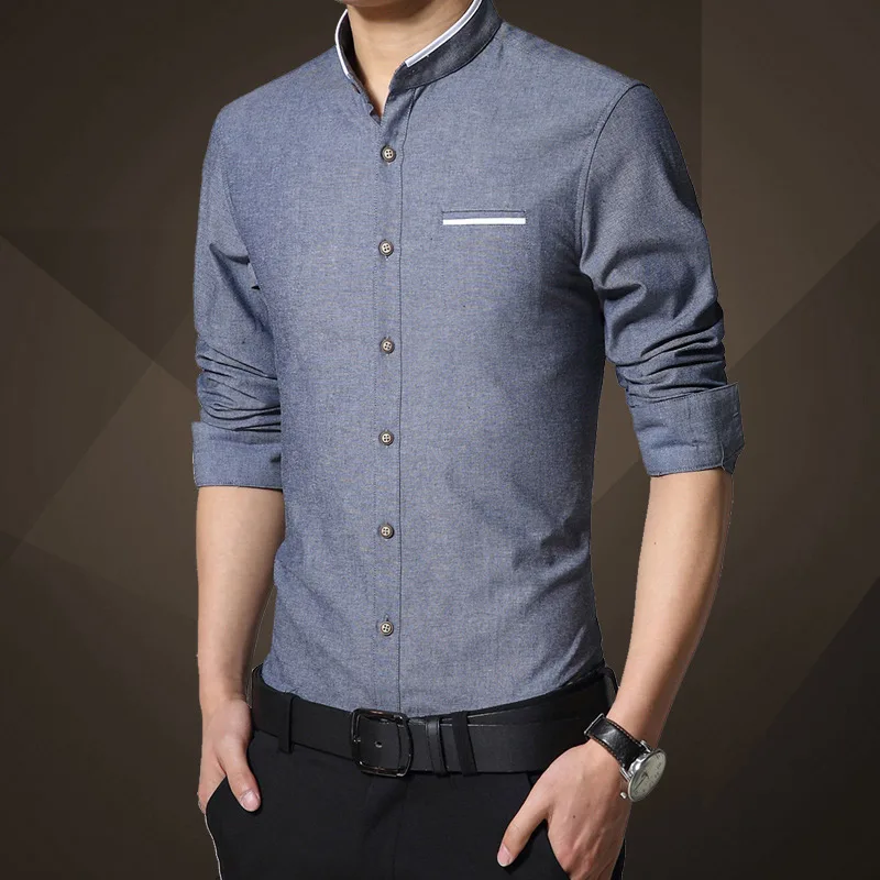 Denim Blue Мужская рубашка, топ, воротник-стойка, синий, длинный рукав, размера плюс, 5XL, облегающие Рубашки, Топы для мужчин, летняя мужская уличная одежда - Цвет: Denim Blue