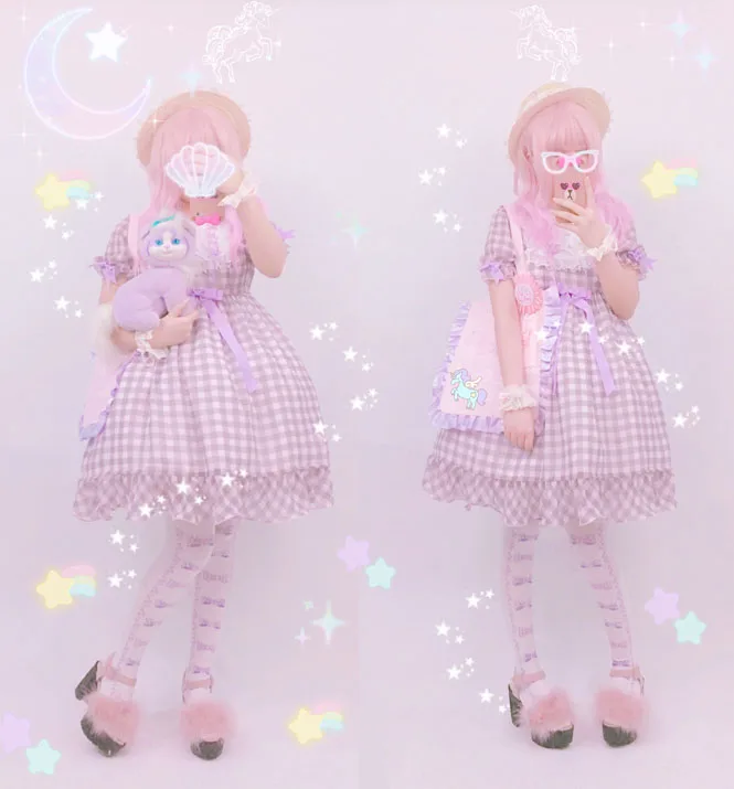 Kawaii клетчатое платье в клетку, японское женское платье в стиле Лолиты, милое цельное бальное платье с бантом, коротким рукавом и воротником в стиле Питера Пэна
