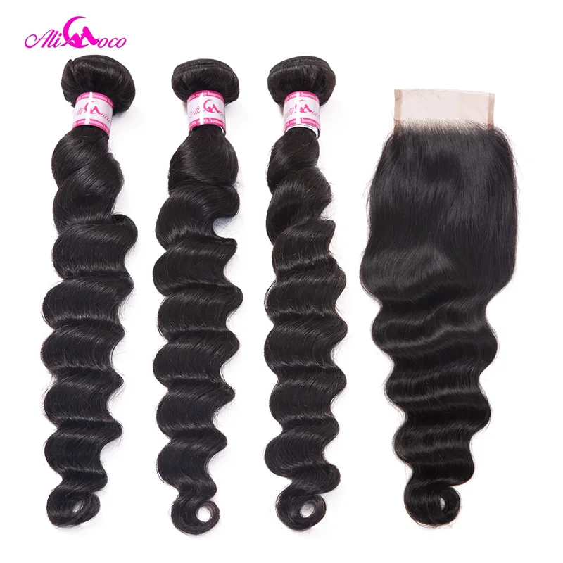 Ali Coco Brazilian Loose Deep Wave Bundles With Closure 8-30 Inch 3 Human Hair Extensions Remy | Шиньоны и парики