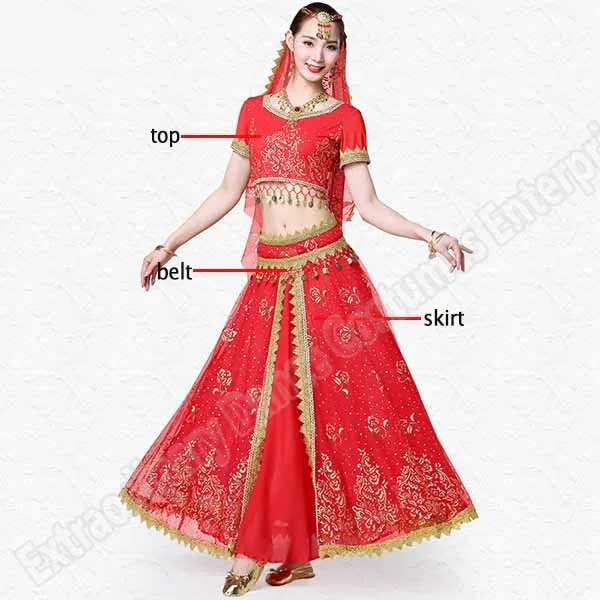 Red-3pcs Женский индийский набор костюма для танца живота танец сари наряд Болливуд сценическое представление шифон Топ пояс юбка для танца живота - Цвет: Red-3pcs
