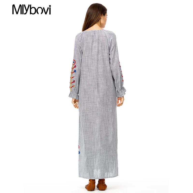 Мусульманское abaya Вышивка женское Макси Летнее Длинное Платье Роба Арабский