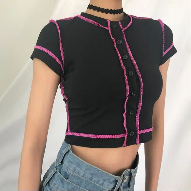 Harajuku Punk Ladies T Shirt Casual Short Sleeve Tee Women Basic Black Tshirts Cotton Button Summer | Женская одежда