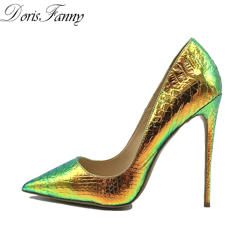 

DorisFanny Colorful Snake pointed toe heels prom party sexy shoes woman big size women high heels pumps 12cm