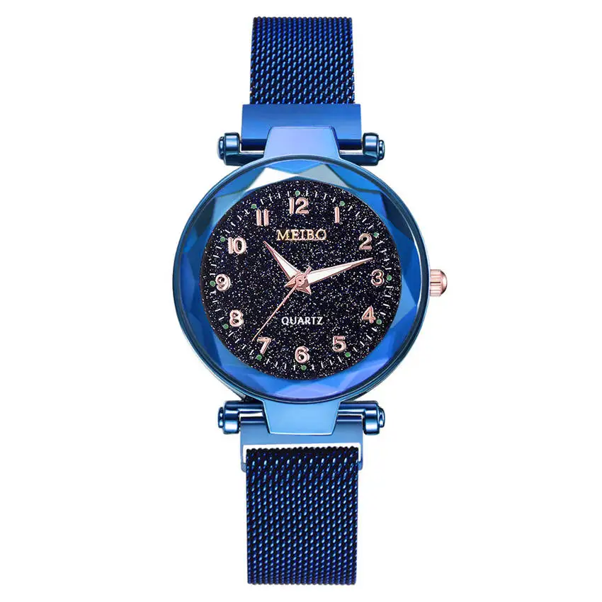 Blue Классические роскошные модные часы Для женщин часы Звездное небо плоским Стекло кварц сетки с магнитной застежкой женские часы - Цвет: Blue