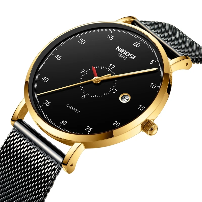 

Мужские часы NIBOSI, спортивные кварцевые часы с сетчатым ремешком из нержавеющей стали, ультратонкий циферблат, с датой