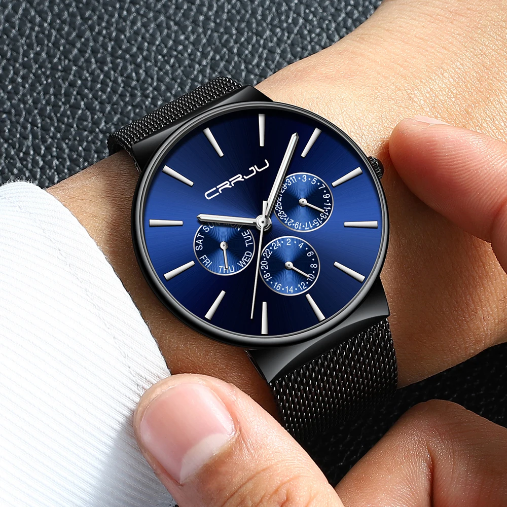 Crrju Fashion Watch Top Brand Luxury 24 Hour Week Date Men's Ultra Thin Men Stainless Steel Waterproof Clock | Наручные часы