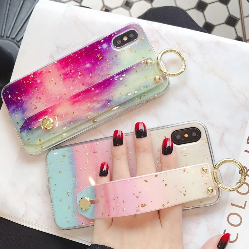 Блестящий ремешок на запястье чехол для телефона iphone x xs max xr 6 6s 7 8 Plus цветной