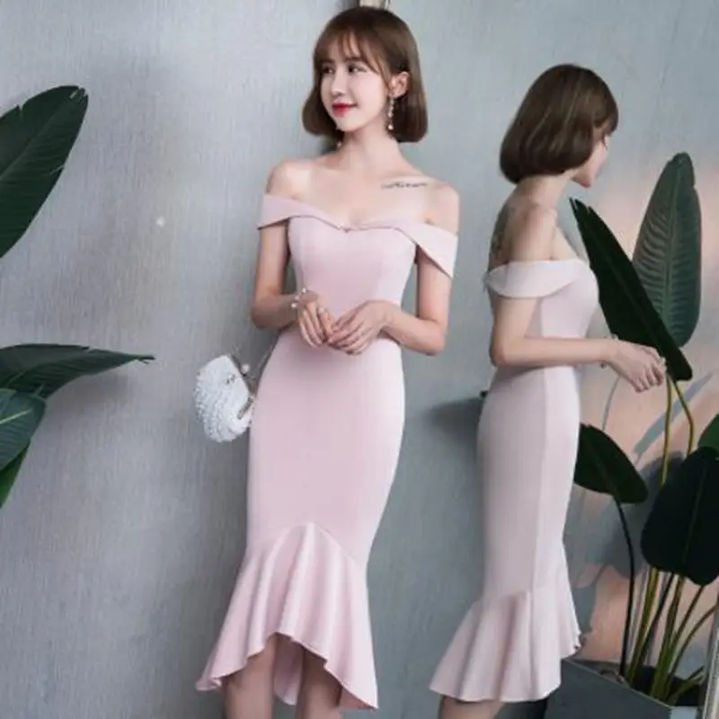 Sexy Lady Pink Off Shoulder Chinese Dress Elegant Fishtail Evening Party Gown Summer New Sleeveless Slim Vestidos De Festa | Тематическая