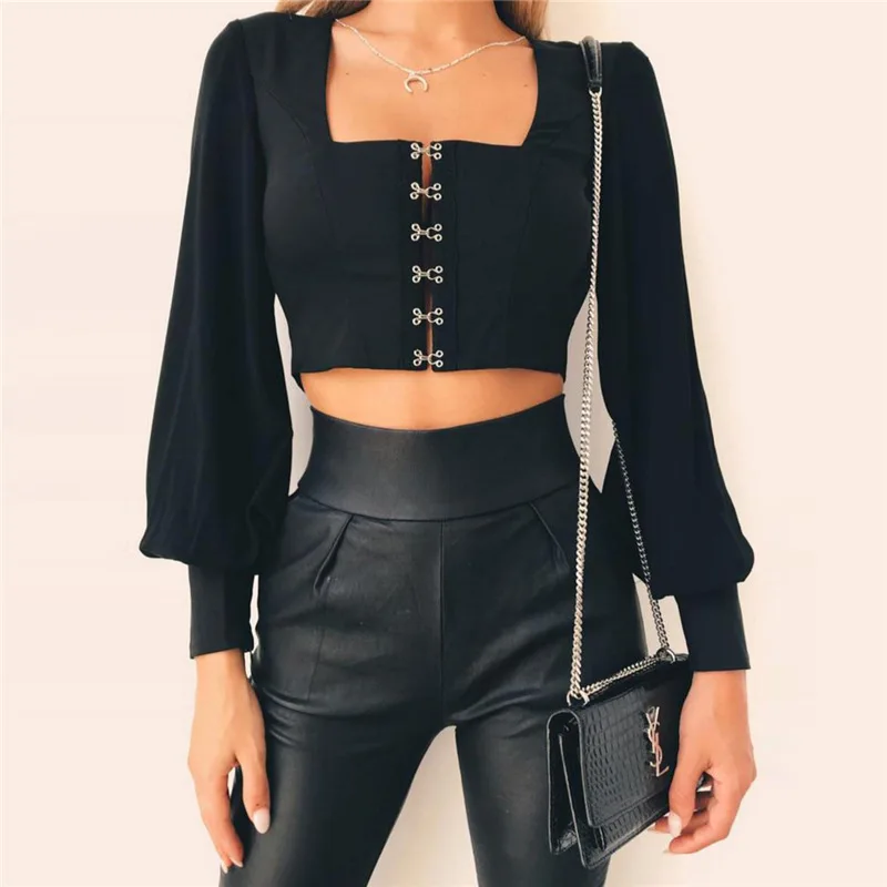 Для женщин топы и блузка спинки Фонари рукав короткий Blusa женский квадратный