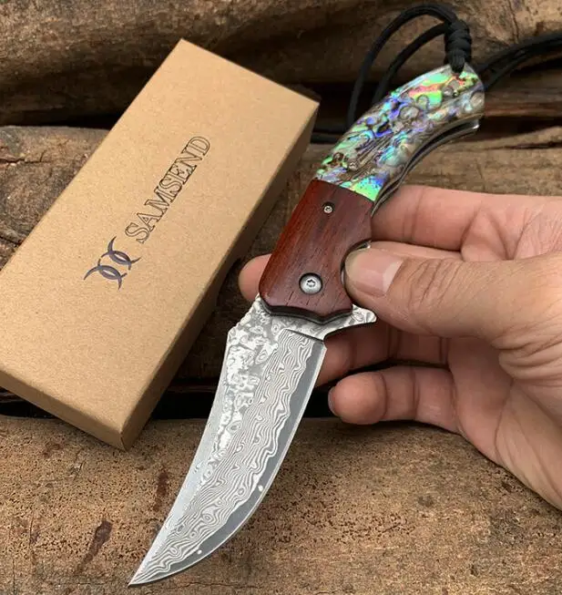 Green handle Сандаловое дерево VG10 дамасский стальной складной нож многофункциональные инструменты Портативный EDC туристический карманный нож Дамасские Коллекционные ножи - Цвет: Green handle
