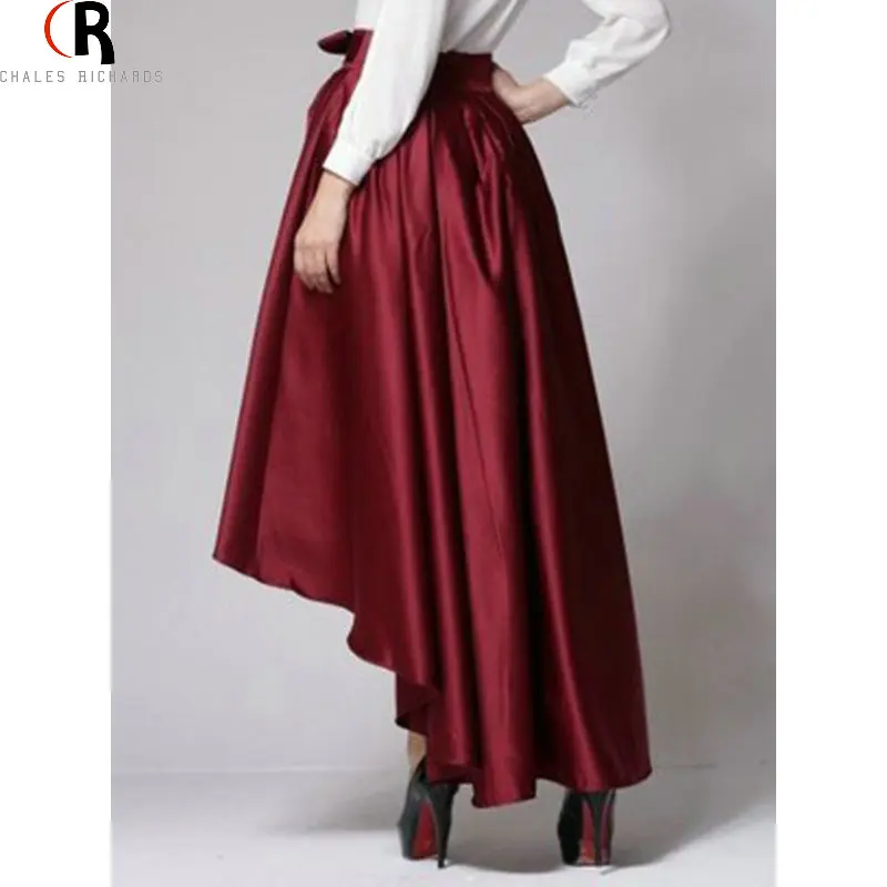 Темно Красная Черный Юбка С Завышенной Талией Бантом Разной Длины Подол А Линии