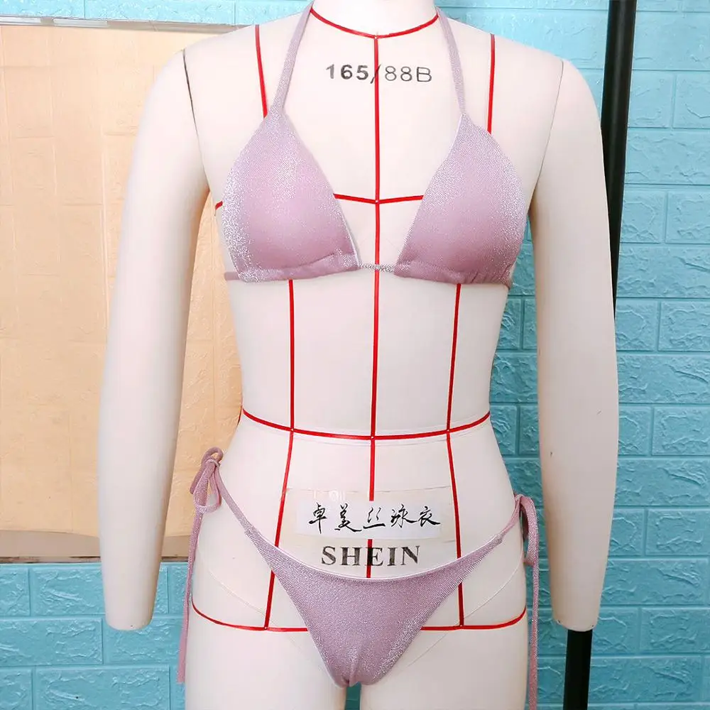 

Solid Glitter Pink Bikini Sexy Women Micro Sequin Push Up Beach Wear Halter Bandage Swimsuit Brazilian Thong Biquinis Feminino