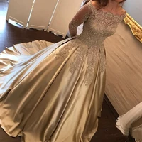 2021 beaded pearls ball gown gold bateau neck off shoulder long sleeves beaded satin formal bridal gowns
