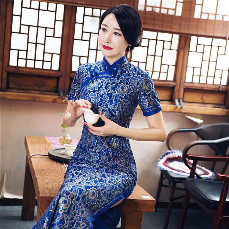 Новое поступление, ярко-розового цвета Для женщин кружева с длинным Cheongsam моды китайский Стиль элегантное платье Qipao Vestido Размеры S M L XL XXL XXXL 23621C