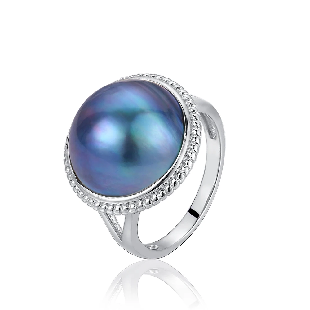 Женское кольцо на палец большая круглая жемчужина синего/белого цвета 15 16 мм