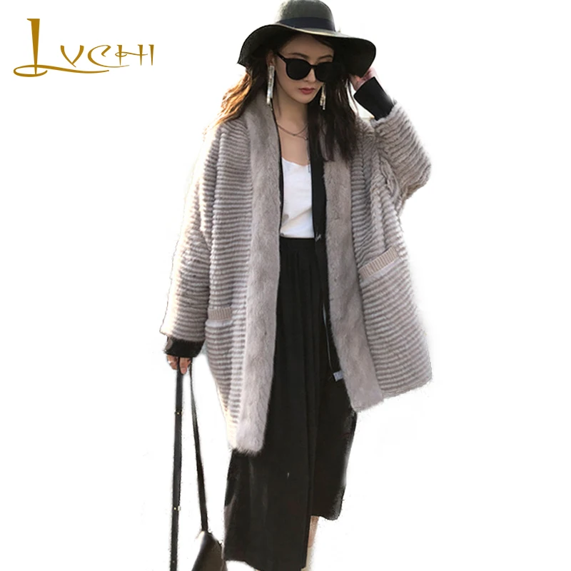 

LVCHI 2019 Winter Lazy sweater silhouette Mink Fur Coat Full Sleeve Real Fur Coats V-Neck Pocket Women Short New Mink Fur Coats
