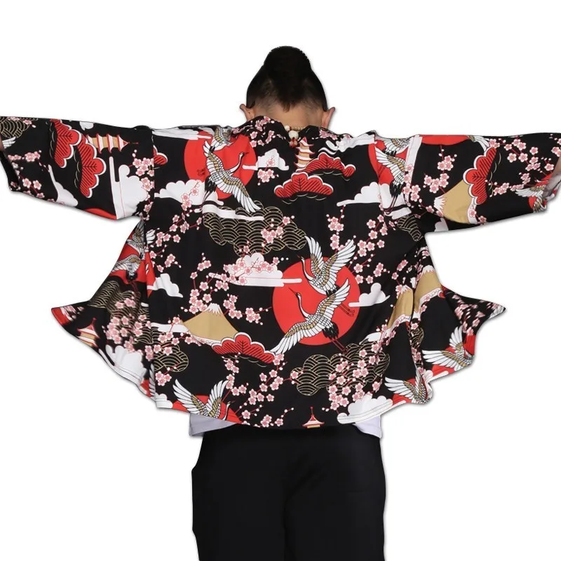 Летняя мужская Повседневная рубашка с принтом журавля сакуры кимоно в японском