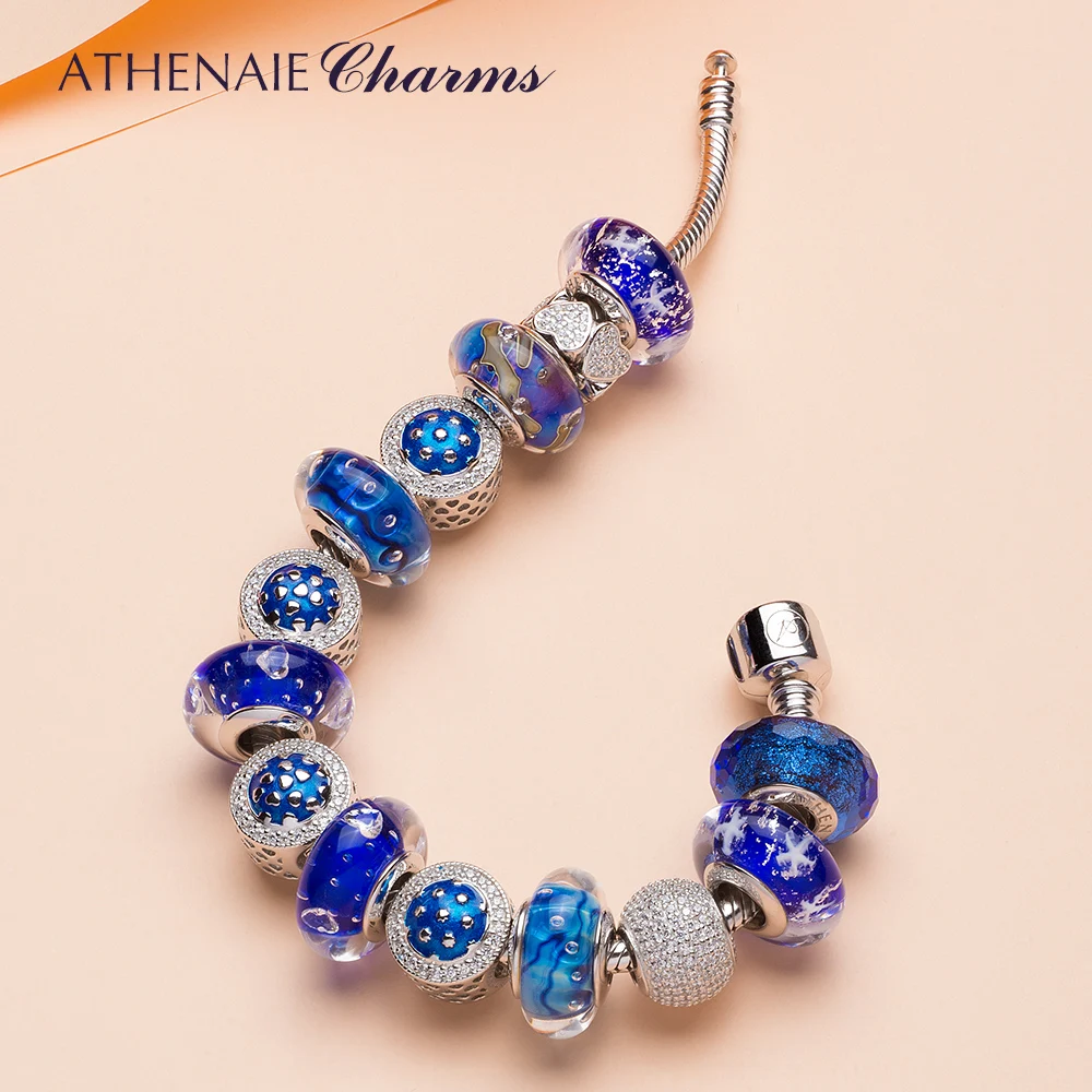 

ATHENAIE 925 Silver Blue Star Charm Bracelet with Heart shaped Charms Beads and Classic Glass Bead DIY Jewelry Women Girl Gift
