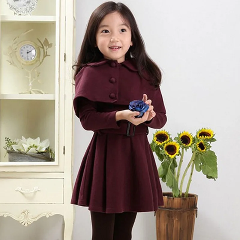 Girls Princess Dress with Cloak Spring Autumn Long Sleeve Kids Dresses for Solid Sashes A-line Teens Children Clothing | Детская одежда