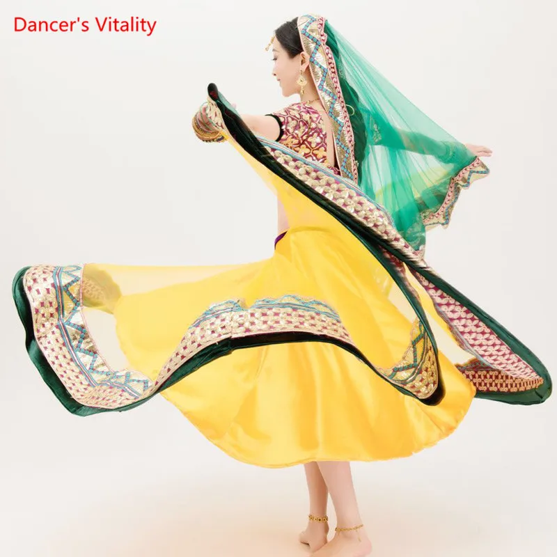 

Luxury Embroidery Sequins India Dance Clothes Performance Suit Tops+Big Swing Skirt+Veil 3pcs Set For Adult Belly Dance Costumes