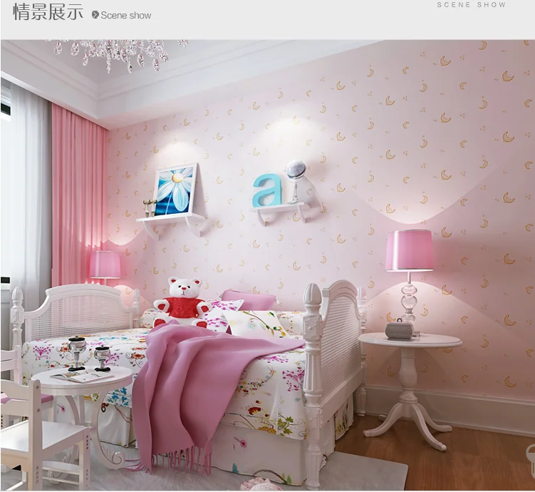 Children's room wallpapers for kids boy girl blue starry sky moon cartoon non-woven wall paper bedroom warm color household deco