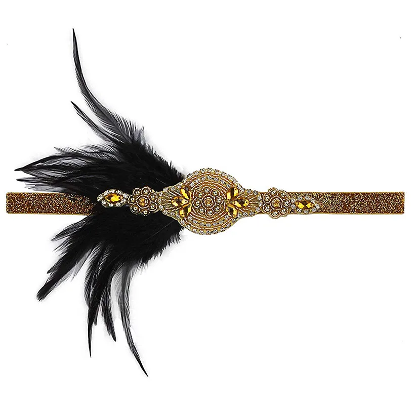 1920s Gatsby Flapper Feather Headband 20s Accessories Crystal Beaded Wedding Headpiece