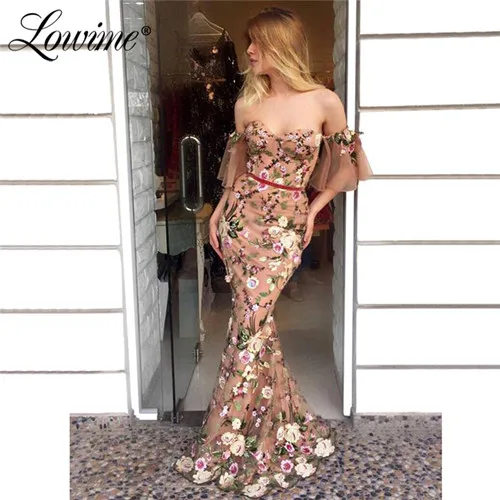 Picture color Потрясающие вечерние платья с цветочным принтом Новые Vestidos Русалка арабские платья для вечеринок кутюр с открытыми плечами длинное платье для выпускного вечера Abiye - Цвет: Picture color