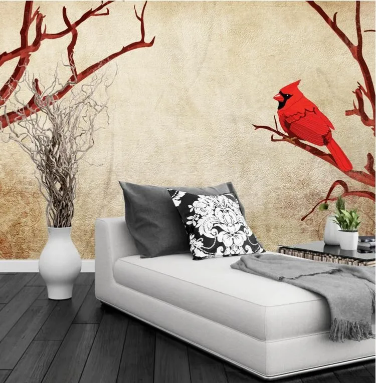 3d фрески на заказ ностальгические ретро Красные Птицы ветвях обои для гостиной