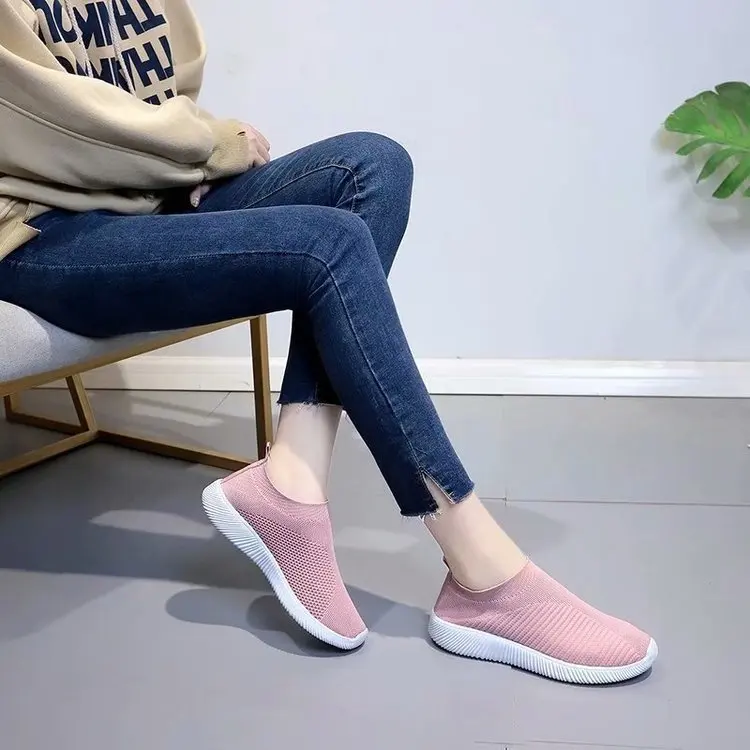2019 Women Plus Size Spring Sneakers Knitting Sock Female Vulcanized Shoes Casual Slip on Flat Shoe Mesh Soft Walking Footwear | Обувь
