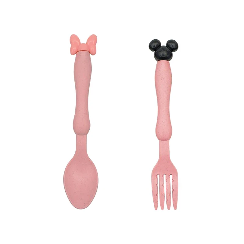 Pink SpoonFork Baby Feeding Food Dish Bamboo Fiber Children Tableware Rice Originality Modeling Service Plate Kindergarten Defence Broken Bowl - Цвет: Pink SpoonFork